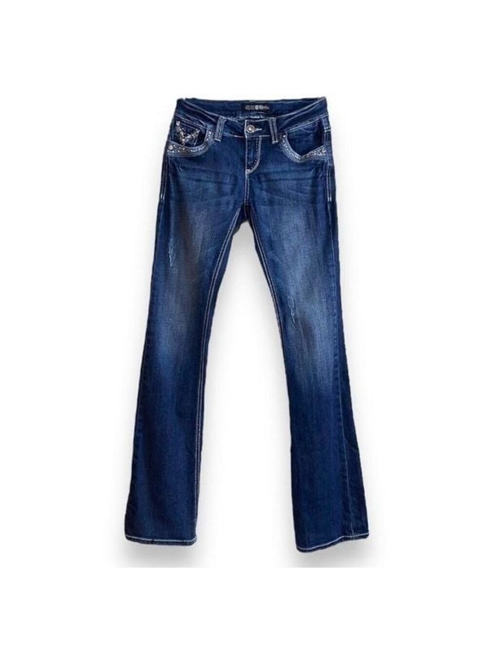 Bootcut Western Jeans Juniors Size 5 / 26” Med-Dark Wash Distressed